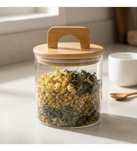 Bambu Kapaklı Yuvarlak Borosilikat Cam Kavanoz 550 ml, 10 cm Çap × 10 cm Yükseklik, Contalı Tutma Kulplu Şeffaf Erzak Kabı, Kahve Çay Baharat Kuruyemiş Bakliyat ve Kuru Gıda Saklama Kabı