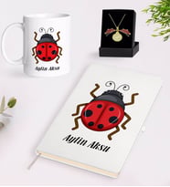 BK Gift Kişiye Özel Uğur Böceği Temalı Beyaz Defter Kupa ve Açılan Uğur Böceği Kolye Hediye Seti-1 (Model 1)