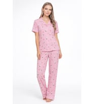Kısa Kollu Yazlık Düğmeli Gömlek Yaka Yumuşak Dokulu Pembe Kadın Pijama Takımı