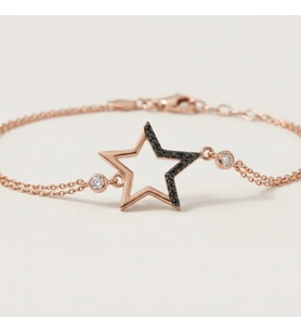 925 Ayar Gümüş Siyah Taş Detaylı Yıldız Figürlü Rose Gold Kadın Bileklik