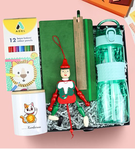 Kişiye Özel Defter & Kalem & Kumbara & Matara & Kuru Boya & Kukla Hediye Seti