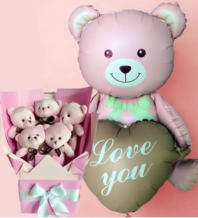 Kalpli Balonlu Ayıcık ile Pembe Peluş Ayıcık Buketi – Sevgiliye Kıza Balon Hediye Seti (Pembe)