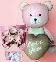 Kalpli Balonlu Ayıcık ile Pembe Peluş Ayıcık Buketi – Sevgiliye Kıza Balon Hediye Seti (Pembe)