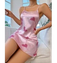 Kadın Pembe Saten Askılı fuşya kalp Desen baskılı Gecelik 2217
