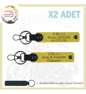 Motorcu Tarzı, İsim Plaka ve 0 Rh (+) Kan Grubu Yazılı Özel Anlamlı Hediye x2 Anahtarlık, Sarı-Laci (Çok Renkli)