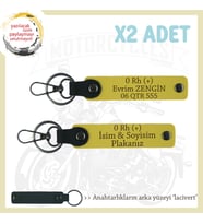 Motorcu Tarzı, İsim Plaka ve 0 Rh (+) Kan Grubu Yazılı Özel Anlamlı Hediye x2 Anahtarlık, Sarı-Laci (Çok Renkli)