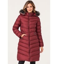 Dewberry Kadın %100 Polyester Kürklü Kapüşonlu Kaban Bordo Z9690 Katmanlı Kombin, Günlük Giyim, Şehir Stili