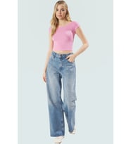 Viskon Ribana Kadın Crop Bluz Ay Kol Bisiklet Yaka Fitted Günlük Özenle Seçilmiş Seçkin Malzeme
