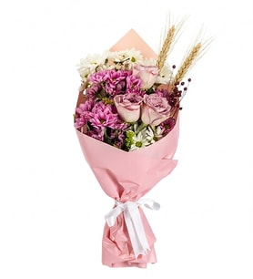 Pembe Bukette 3 Lila Gül ve Pembe Beyaz Papatya Tasarımı