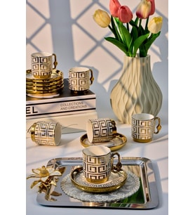 Valkyrie 12 Parça 6 Kişilik 80 ml Geometrik Desenli Türk Kahvesi Fincan Takımı Gold K651-C