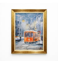 Tablore Karlı İstanbul Nostaljik Tramvay Suluboya Tablo - Gold Çerçeveli Retro Duvar Dekorasyonu