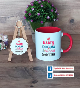 Kadın Doğum Uzmanı Kupa Bardak Kırmızı ve Ahşap Anahtarlık Hediye (Model 1)