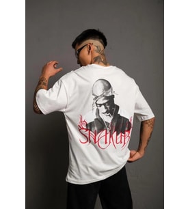 Erkek Baskılı T-Shirt Oversize Kısa kol Bisiklet yaka tişort - Beyaz