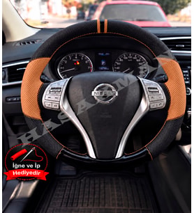 Nissan Qashqai Dikme Direksiyon Kılıfı Delikli Deri Parlak Siyah Taba Detay Çift Yüzük ve Dikiş 2013-2017