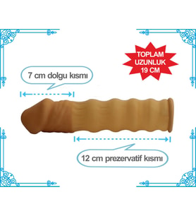 7 cm dolgulu uzatmalı prezervatif, lateks malzemeli uzatmalı prezervatif çeşiti