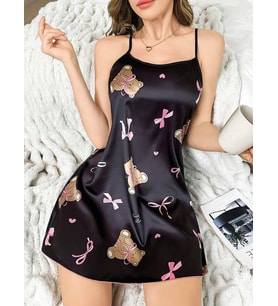 Pilelistore Siyah İnce Askılı Ayıcık Desenli Saten Mini Gecelik