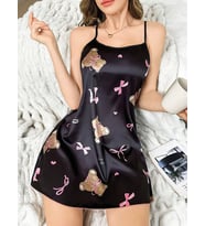 Pilelistore Siyah İnce Askılı Ayıcık Desenli Saten Mini Gecelik