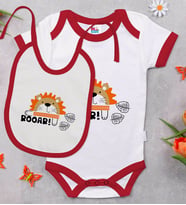BK Kids Roar Tasarımlı Kırmızı Bebek Body Zıbın ve Mama Önlüğü Hediye Seti-1