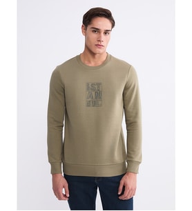 LCWAIKIKI Classic Haki Bisiklet Yaka Baskılı Erkek Sweatshirt
