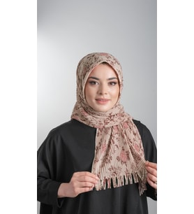 Bej Pratik Hazır Geçmeli Tesettür Eşarp Kesik Elyaf Piliseli Çiçek Desenli 1818D6_12