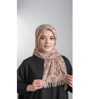 Bej Pratik Hazır Geçmeli Tesettür Eşarp Kesik Elyaf Piliseli Çiçek Desenli 1818D6_12