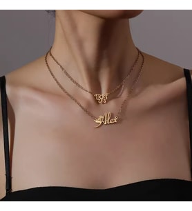 Kişiye Özel 925 Ayar Gümüş Zarif Çift Kurdele Detaylı İsim Kolye (Gold)