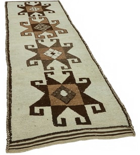 Ekru Kahverengi Geometrik Desenli El Dokuma Dokuma Halı Yolluk 108x328 Koridor Yatak Odası