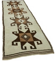 Ekru Kahverengi Geometrik Desenli El Dokuma Dokuma Halı Yolluk 108x328 Koridor Yatak Odası