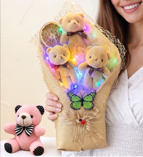 Büyük Boy Renkli LED Işıklı Peluş Ayıcık Buketi & Pembe Peluş Anahtarlık Seti