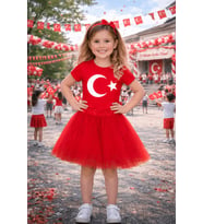 KIZ ÇOCUK TÜRK BAYRAKLI TİŞÖRT , TÜTÜ ETEK KOMBİNİ , 23 NİSAN 29 EKİM ETKİNLİK GÖSTERİ KIYAFETİ (Kırmızı-Kırmızı)