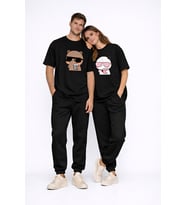 Sevgili Kombini Panda Bardak Baskılı Çift Tişört Oversize Unisex Partner Kombin Çift Seti Hediye (Siyah)