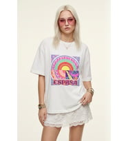 Kadın Beyaz Retro "España" Baskılı Bisiklet Yaka Oversize Tişört