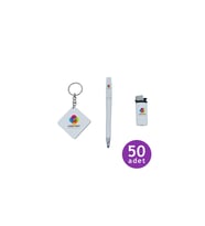 Firmalara Özel Logo İsim Baskılı  Anahtarlık Kalem Çakmak Seti 50 Adet (Beyaz)