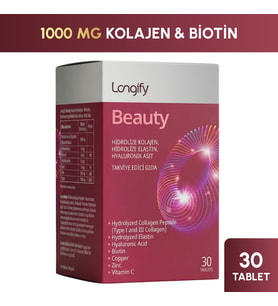Longify Beauty Hidrolize Kolajen Tip 1 ve Tip 3, Hidrolize Elastin, Hyaluronik Asit, Biotin, Vitamin C, Çinko, Bakır Takviye Edici Gıda 30 Tablet