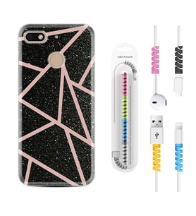 General Mobile GM8 Go GM9 GM20 Pro Plus Kılıf Kablo Koruma Spiral Silikon Pembe Şeritli Mermer 1312