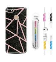 General Mobile GM8 Go GM9 GM20 Pro Plus Kılıf Kablo Koruma Spiral Silikon Pembe Şeritli Mermer 1312