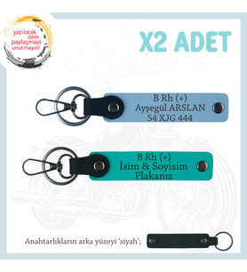 İsmime Özel Plaka ve B Rh (+) Kan Grubu Yazılı Kişiselleşmiş x2 Anahtarlık Set, K Turkuaz-Mavi-Syh