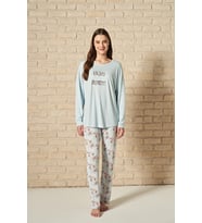 Kadın Yazı Detaylı Alt Kısmı Çiçek Desenli Uzun Kollu Pijama Takımı (Renksiz)