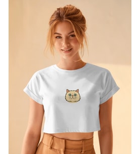 Minimal Persian Kedi Baskılı Beyaz Crop Tişört Kadın Rahat Kalıp