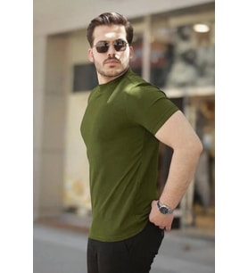 Erkek Ince çizgi Dokulu Kısa Kollu Tişört (Haki)