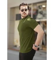 Erkek Ince çizgi Dokulu Kısa Kollu Tişört (Haki)