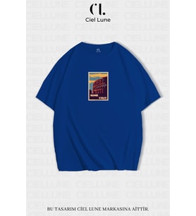 Unisex Kadın Erkek Rome İtaly  Baskılı Özel Tasarım Oversize T-shirt (Mavi)