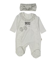 Kız Bebek Ekru Kalp Desenli Happy Yazılı Fiyonklu Bandanalı Tulum
