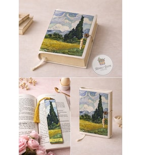 Kitap Kılıfı ve Metal Kitap Ayracı Seti (Van Gogh Selvi Ağaçlı Buğday Tarlası)