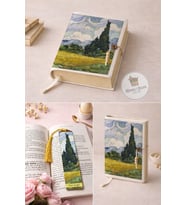 Kitap Kılıfı ve Metal Kitap Ayracı Seti (Van Gogh Selvi Ağaçlı Buğday Tarlası)