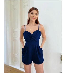 Askılı kruvaze yaka şort tulum (Koyu Mavi)