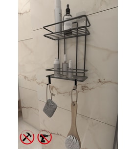 Ömür Boyu Paslanmaz Yapışkanlı Siyah 2 Katlı Düz Banyo Şampuanlık TŞ02, Delmeye Son
