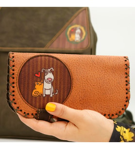 Kedi ve Köpek Figürlü Büyük Cüzdan Etnik Bohem Retro Vintage Style  - TABA