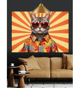 Güneş Gözlüklü Retro Kedi Figürü Dekoratif Kanvas - Mdf Ahşap Tablo