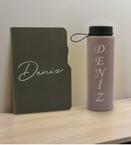 BK Gift Kişiye Özel İsimli Mat Gri Termo Deri Defter ve Cam Matara Hediye Seti-1, Sevgiliye Hediye, Arkadaşa Hediye, Yeni İş Hediyesi
